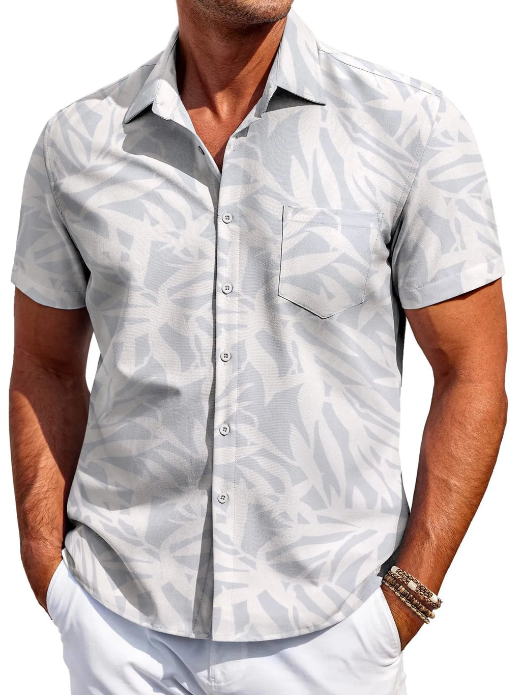 Man wearing a slim fit short sleeve Hawaiian shirt in four-sided elastic polyester fabric