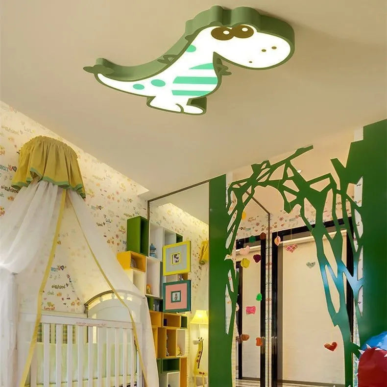 Green cartoon dinosaur ceiling light with 48cm diameter and aluminium PVC construction