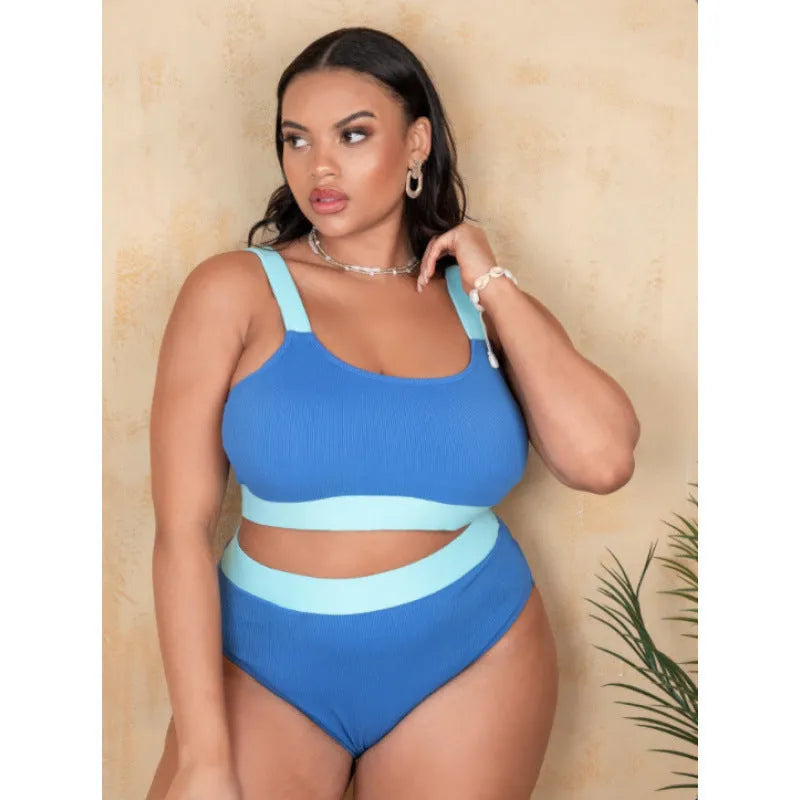 Women's high waist one-piece swimsuit in solid colour with decorative stitching
