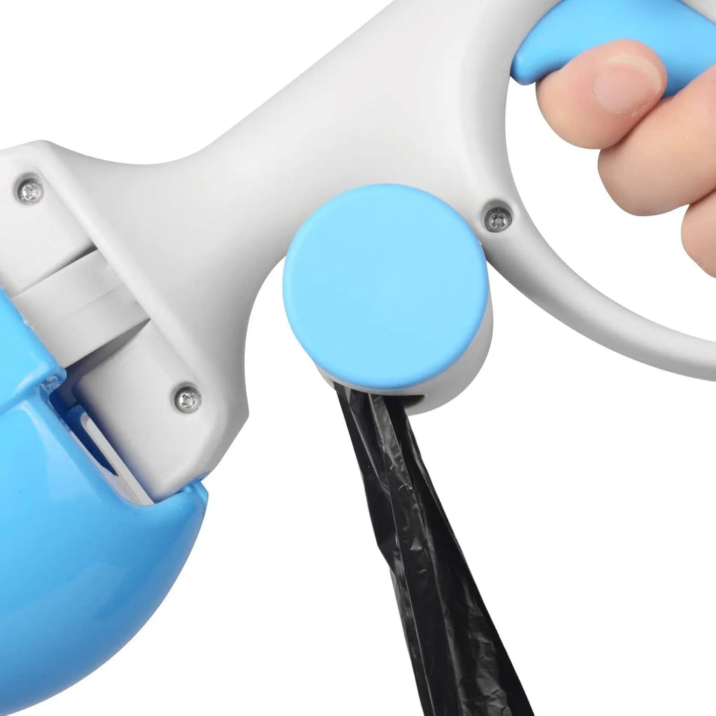 Blue plastic pet pooper scooper with built-in trash bag storage compartment and top hook.
