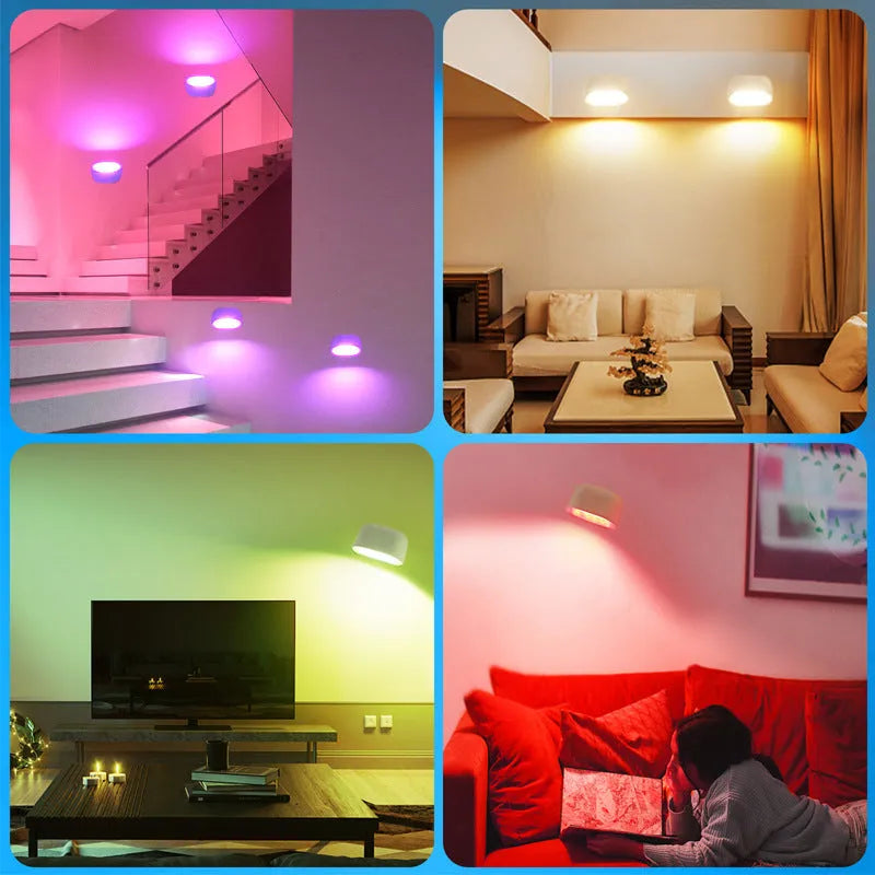 Oval white remote touch magnetic wall lamp with colour-changing LEDs on a wall