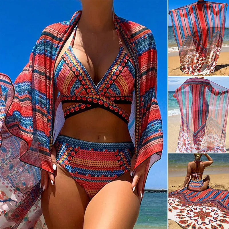 Women's three-piece swimsuit set showing high-waist briefs, cutout sleeveless top and matching coat in picture colour