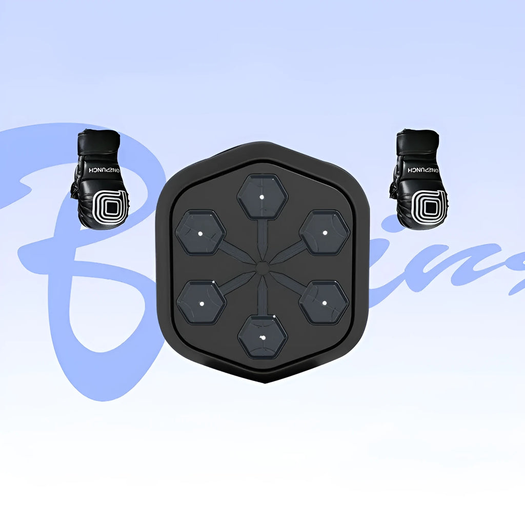 Black smart boxing machine with Bluetooth connection and included velcro gloves for home fitness training