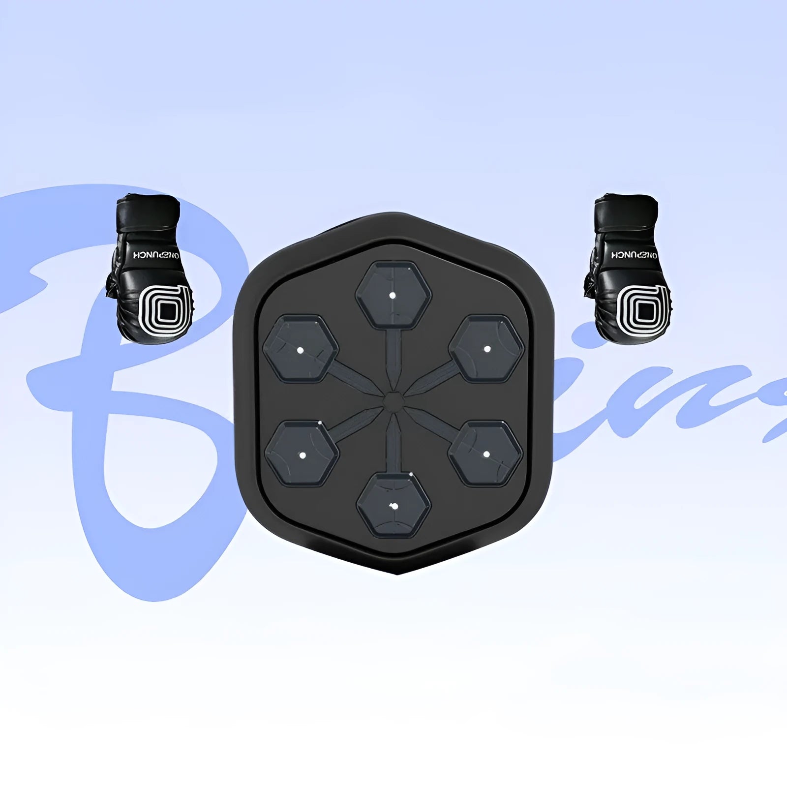 Black smart boxing machine with Bluetooth connection and included velcro gloves for home fitness training