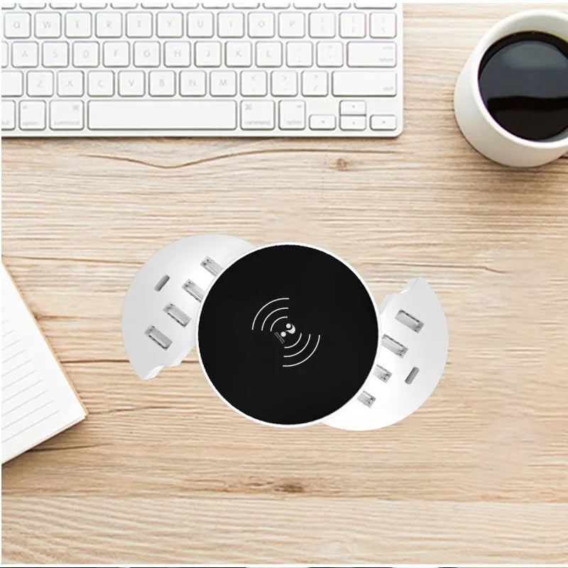 Ceramic white multi-port wireless circular charger with 8A output and international plug compatibility