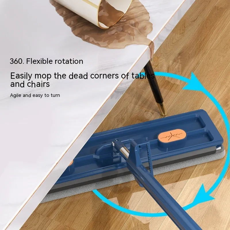 Large blue and white flat mop with a long stainless steel handle and a 360-degree rotating head on a hard floor.