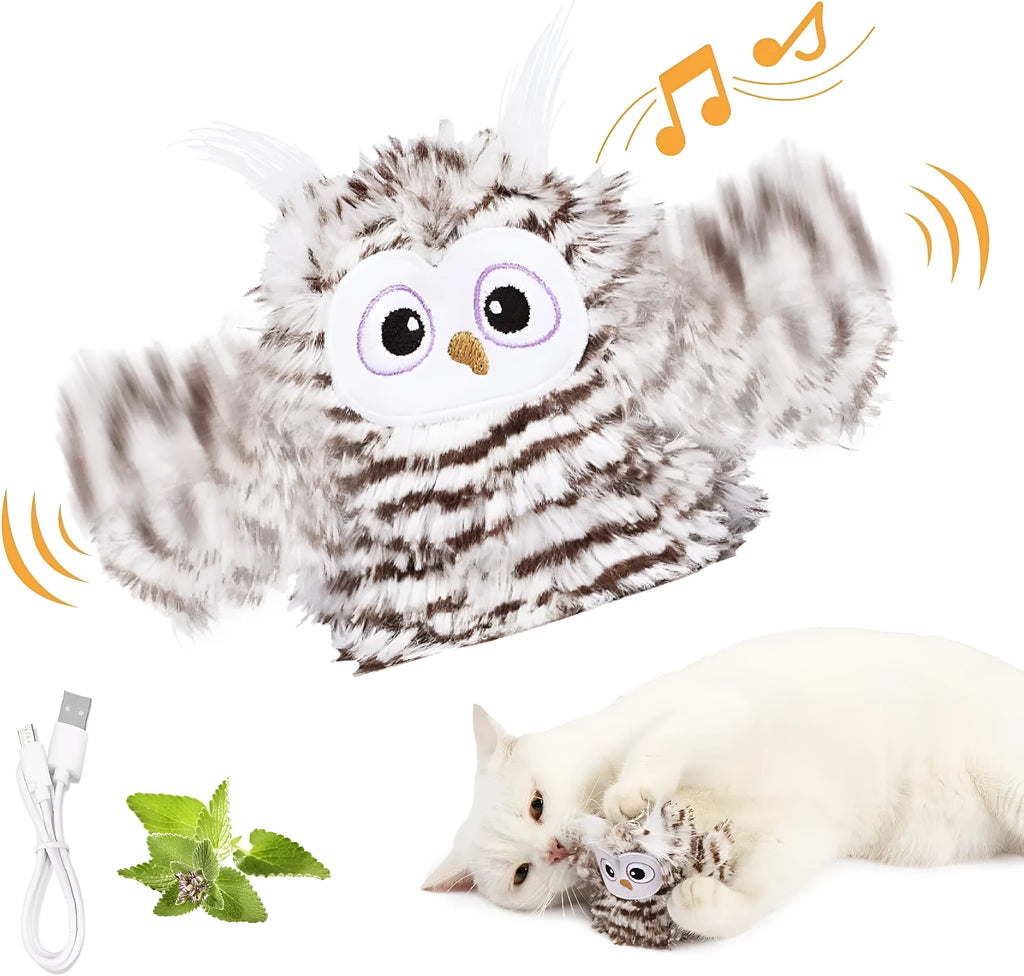 Grey automatic chirping owl cat toy with flapping wings on USB charging cable