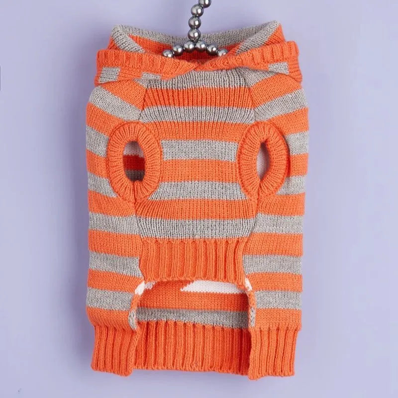 Orange striped Halloween pet sweater with hood and fur ball details for cats and dogs
