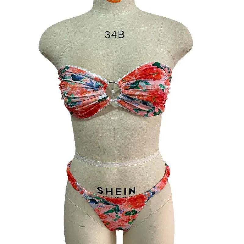 Women's floral print bikini set with lace trim tube top in blue colour