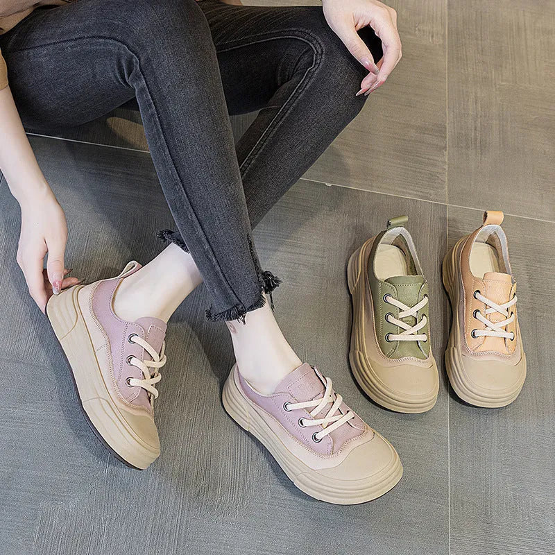 Women's leather platform sneakers in matcha, purple, and orange colours with round toe and lace-up front.