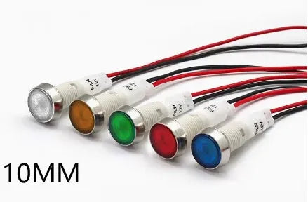 10mm stainless steel edge LED indicator light with wire and flat metal lens in multiple colours.