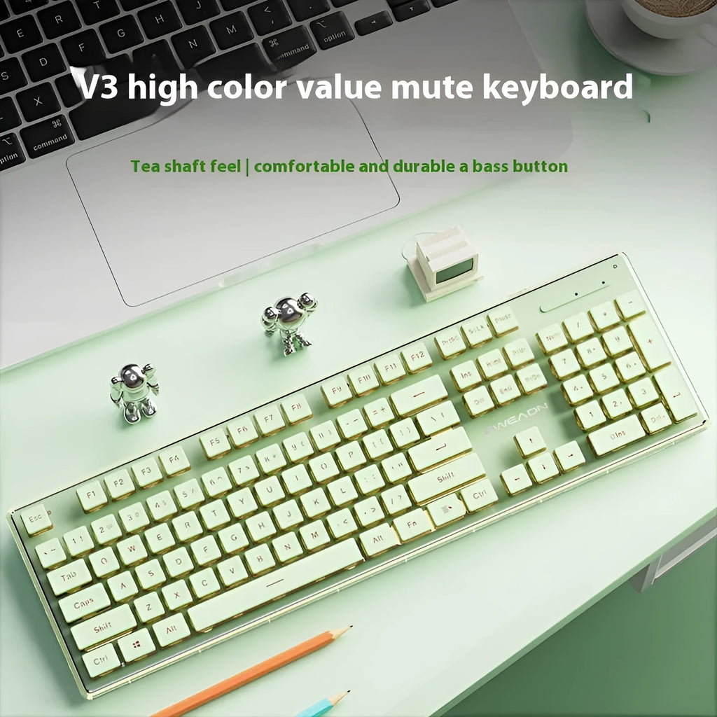 Prewalker V3 wired keyboard and mouse set in retro green colour on office desk
