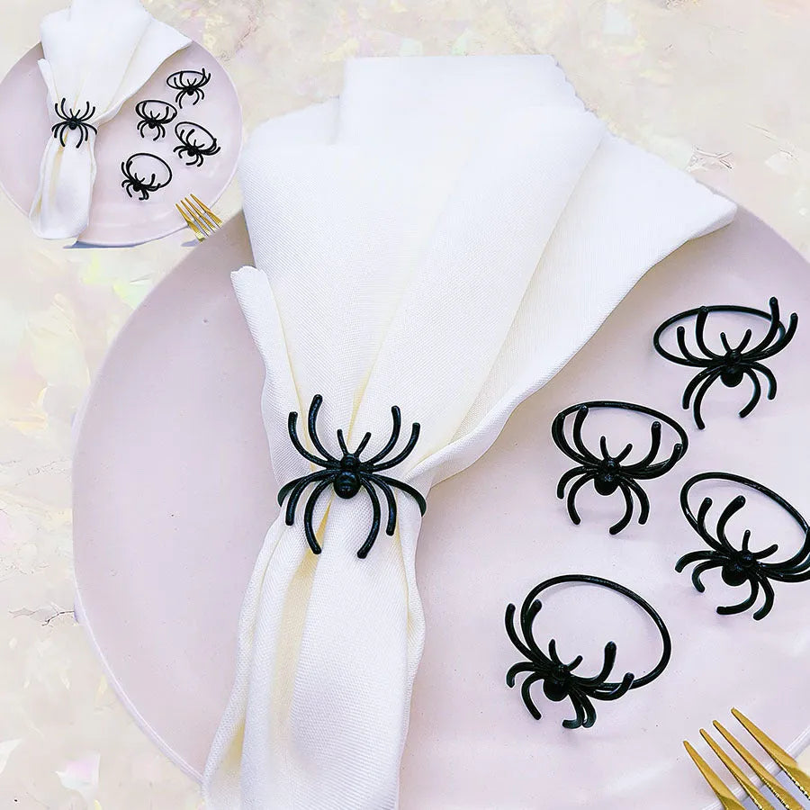 Six black spider alloy napkin rings for Halloween table decorations measuring 5x4.5x4cm