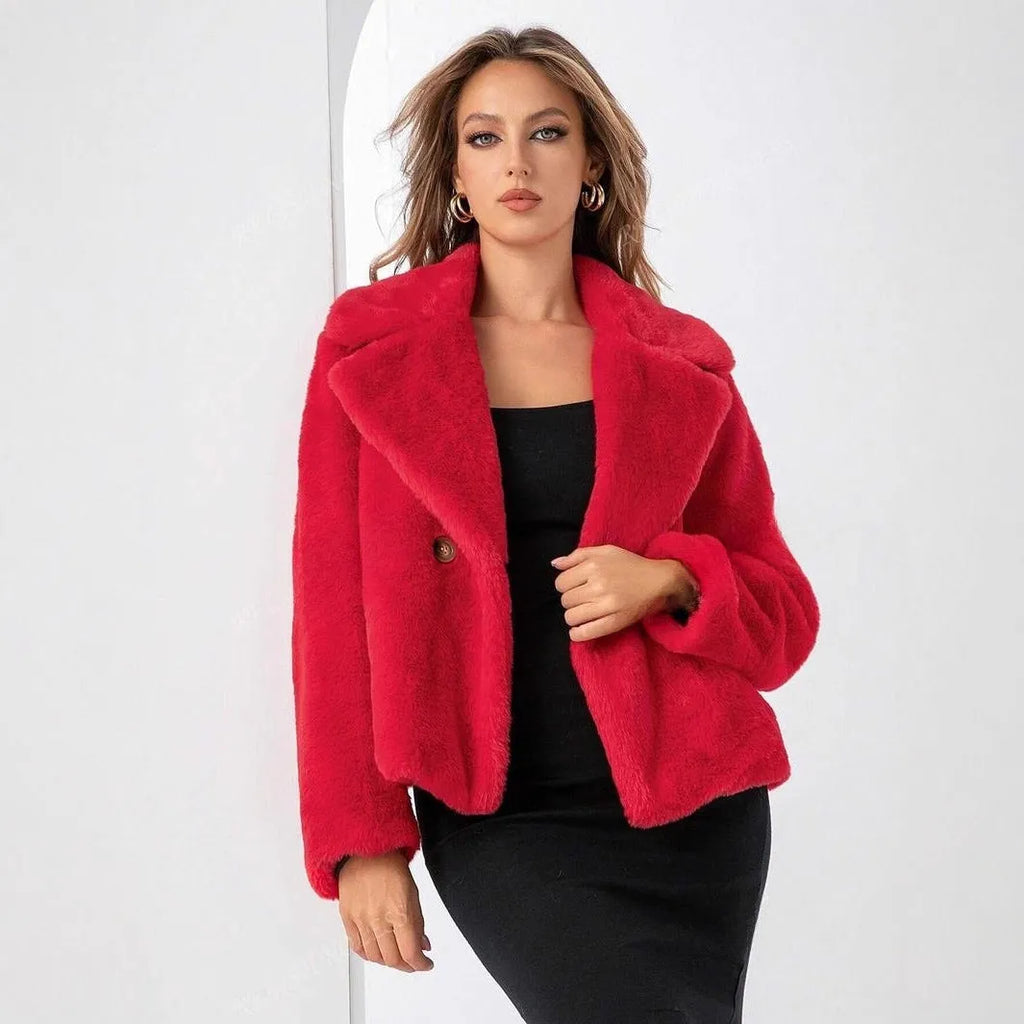 Women's loose-fit short faux fur coat in artificial fabric, shown in rose red colour with regular sleeves.
