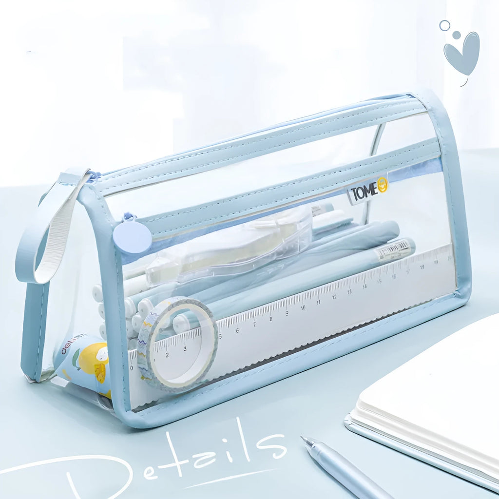 Transparent double-layer pencil case showing two compartments with zip closure