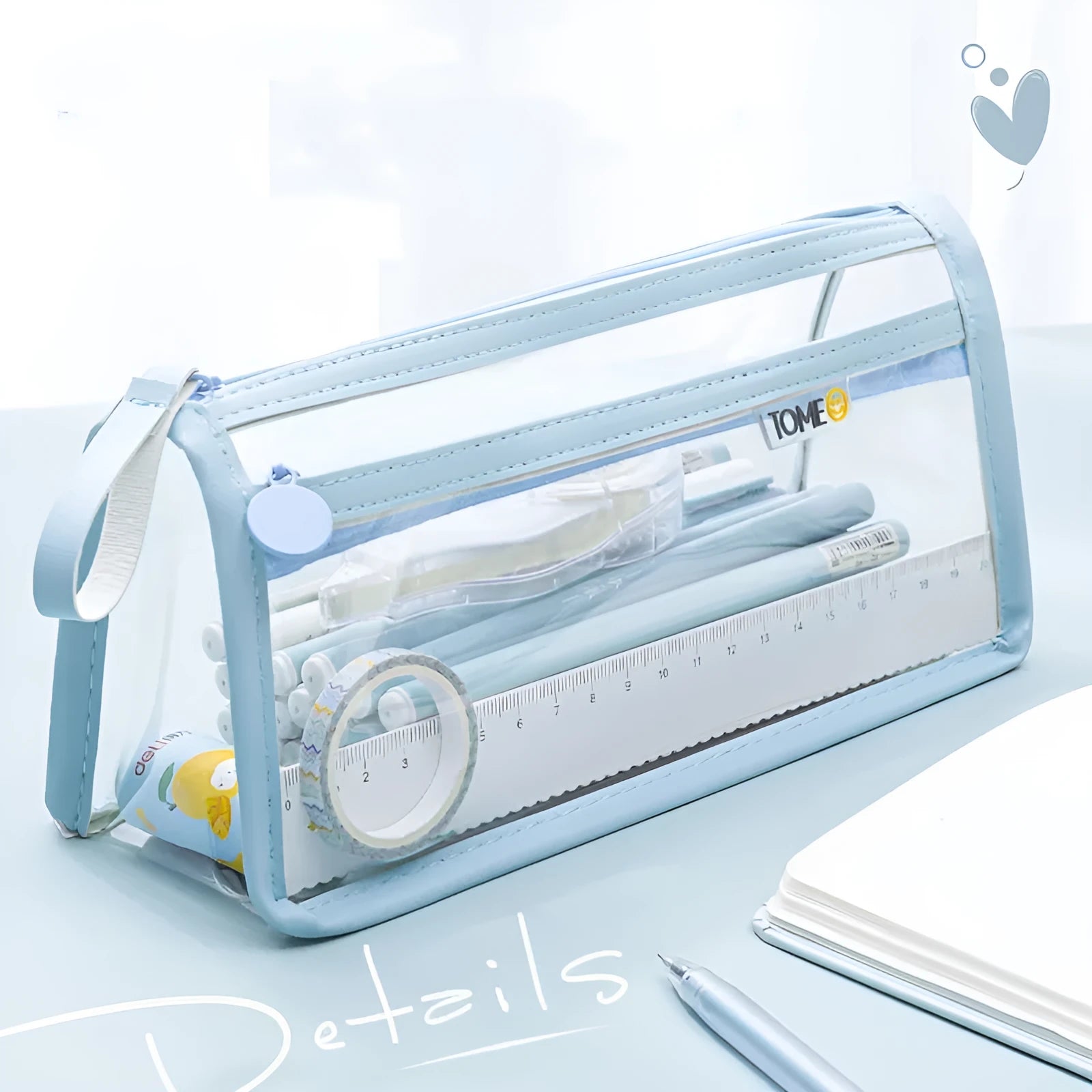Transparent double-layer pencil case showing two compartments with zip closure